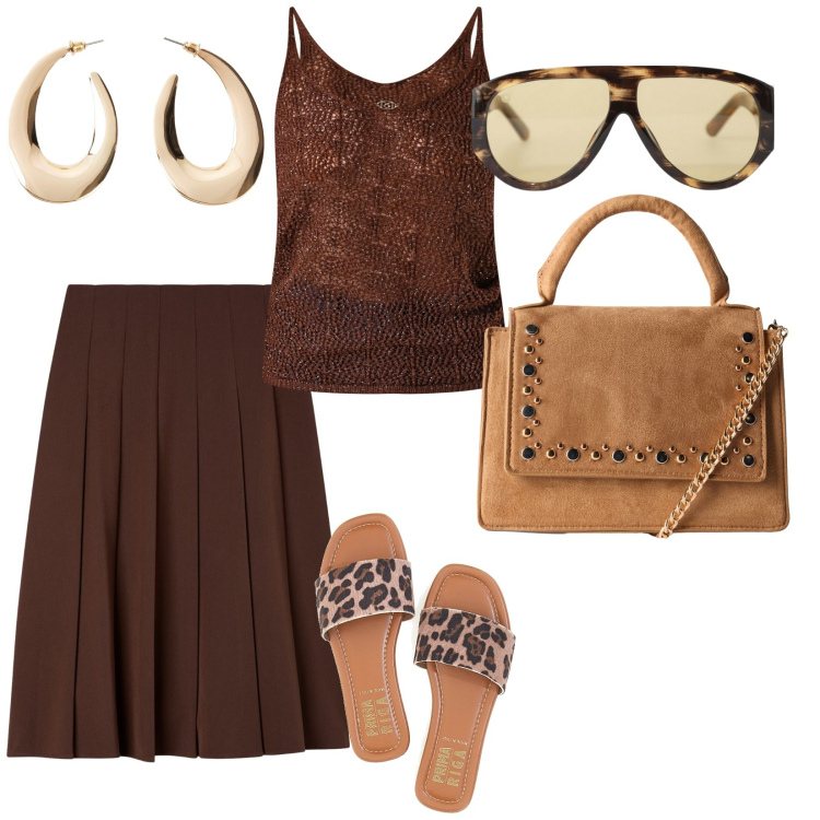 Outfit donna - Agosto. per Tutti i giorni. Abbinamento con orecchini, gonne lunghe, borse a tracolla, top, occhiali da sole, ciabatte.