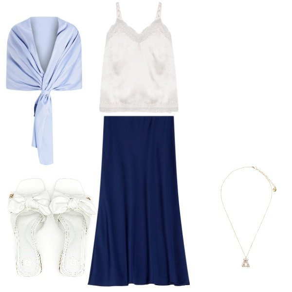 Outfit donna - sere d\'estate. Stile Romantica per Serata fuori. Abbinamento con stole, gonne longuette, ciondoli, ciabatte, canottiere.