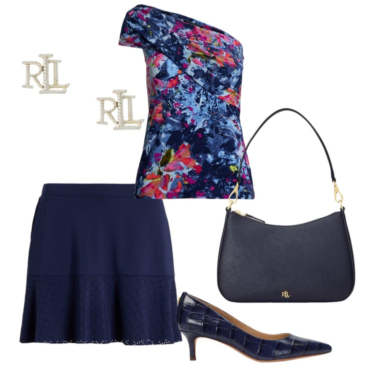 Outfit donna - Un pranzo informale. Stile Casual chic per Tutti i giorni. Abbinamento con orecchini, décolleté, borse a spalla, top, minigonne.