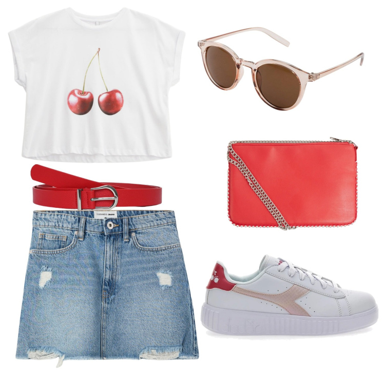 Outfit donna - Sportiva in rosso. Stile Sporty chic per Tutti i giorni. Abbinamento con occhiali da sole, minigonne, borse a tracolla, cinture, t-shirt, sneakers.