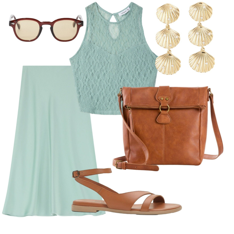 Outfit donna - Vacanze. per Mare. Abbinamento con sandali in pelle, borse a tracolla, top, orecchini, occhiali da sole, gonne longuette.