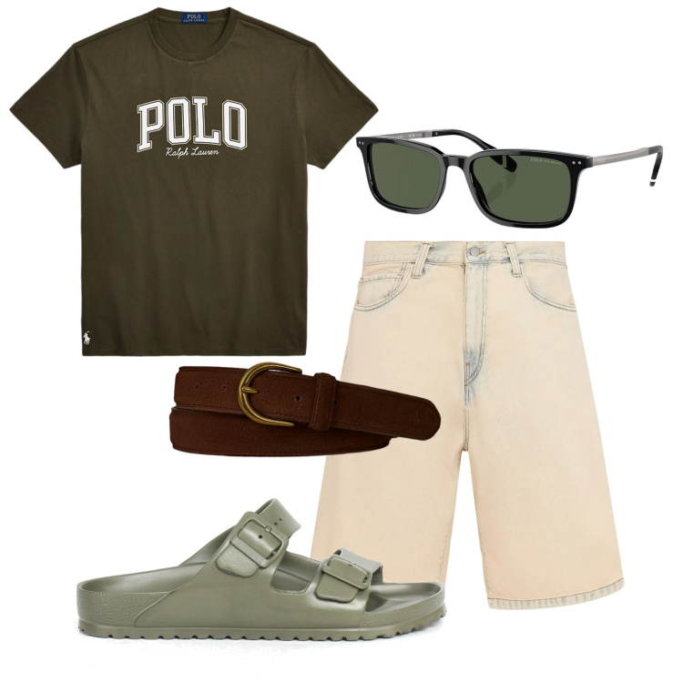 Outfit uomo - Un giorno in vacanza. Stile Casual per Tutti i giorni. Abbinamento con occhiali da sole, t-shirt, cinture, sandali, shorts.