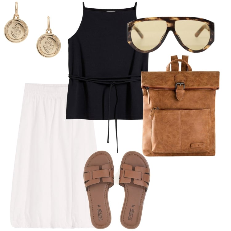 Outfit donna - Giorni d\'agosto. per Mare. Abbinamento con top, gonne, zaini, occhiali da sole, orecchini, ciabatte.