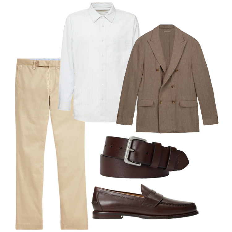 Outfit uomo - Completo spezzato estivo. Stile Business/Elegante per Tutti i giorni. Abbinamento con pantaloni chino, cinture, scarpe stringate, giacche, camicie.