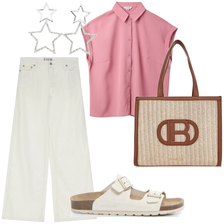 Outfit donna - Passeggiata. per Tutti i giorni. Abbinamento con camicie a manica corta, orecchini, pantaloni a palazzo, borse a spalla, ciabatte.
