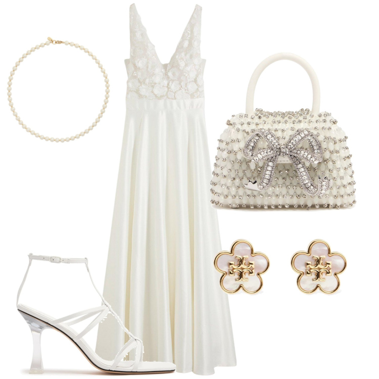 Outfit donna - Delicata raffinatezza. Stile Glamour per Serata fuori. Abbinamento con vestiti, collane, orecchini, borse a mano, sandali in pelle.