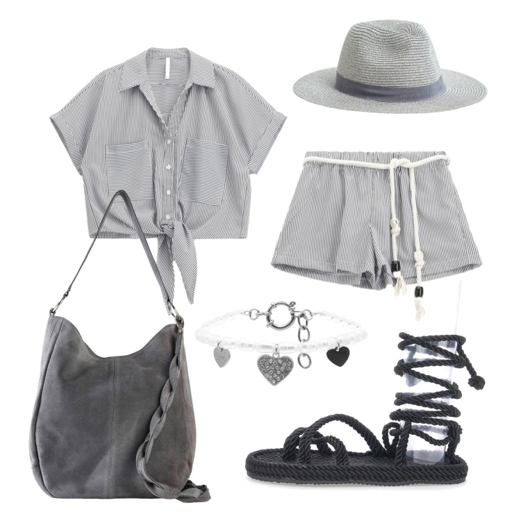 Outfit donna - In giro per la città!. Stile Casual per Mare. Abbinamento con borse a mano, cappelli, pantaloni corti, camicie a manica corta, braccialetti, sandali alla schiava.