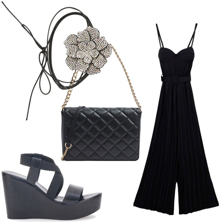 Outfit donna - Un fiore nero. Stile Chic per Serata fuori. Abbinamento con collane, tute, borse a tracolla, zeppe.