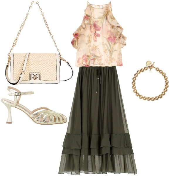 Outfit donna - tramonto d\'agosto. Stile Chic per Serata fuori. Abbinamento con borse a tracolla, canottiere, gonne lunghe, sandali col tacco, braccialetti.