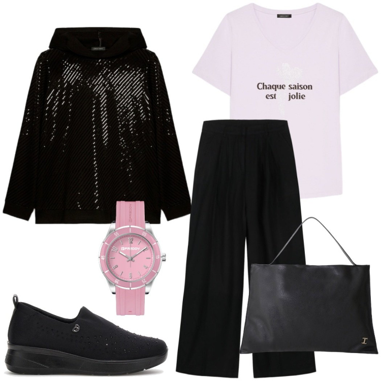 Outfit donna - Sporty chic. Stile Sporty chic per Ufficio. Abbinamento con borse a spalla, orologi, felpe con cappuccio, sneakers, t-shirt, pantaloni.
