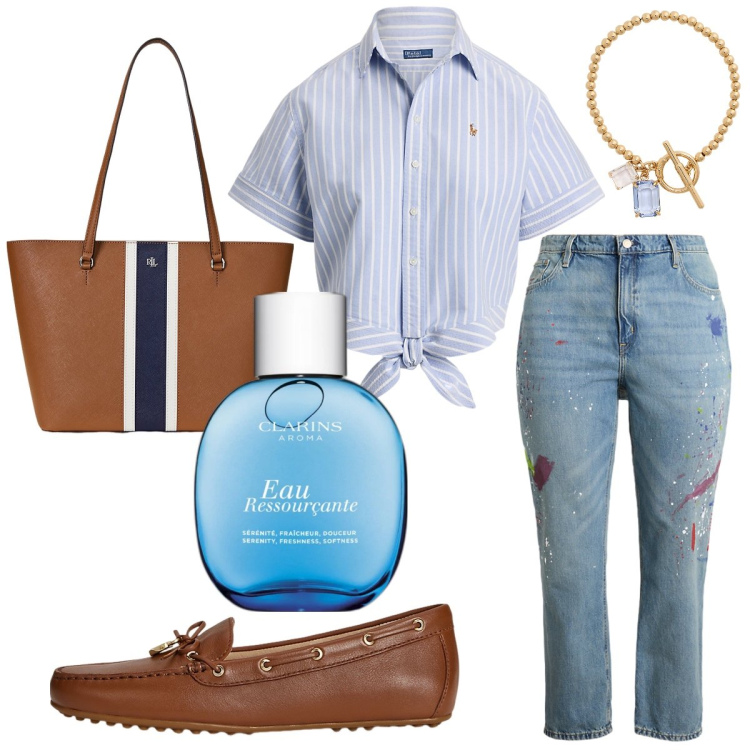 Outfit donna - La camicia col nodo. Stile Bon Ton per Tutti i giorni. Abbinamento con profumi, braccialetti, borse tote, camicie, jeans boyfriend, mocassini.