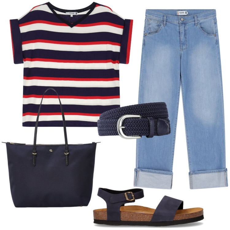 Outfit donna - Passeggiata al mare. Stile Casual per Tutti i giorni. Abbinamento con cinture, t-shirt, jeans dritti, borse tote, sandali.