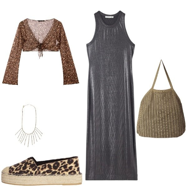 Outfit donna - eleganza sekvaggia. Stile Glamour per Tutti i giorni. Abbinamento con vestiti midi/longuette, bolero, espadrillas, borse tote, collane.