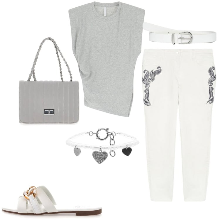 Outfit donna - Total look #2216213. Stile Casual per Tutti i giorni. Abbinamento con cinture, top, braccialetti, pantaloni, borse a tracolla, ciabatte.