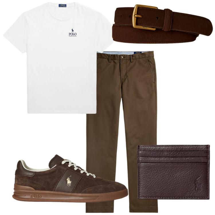 Outfit uomo - Una bella serata. Stile Urban per Serata speciale. Abbinamento con portafogli, pantaloni chino, t-shirt, cinture, sneakers.