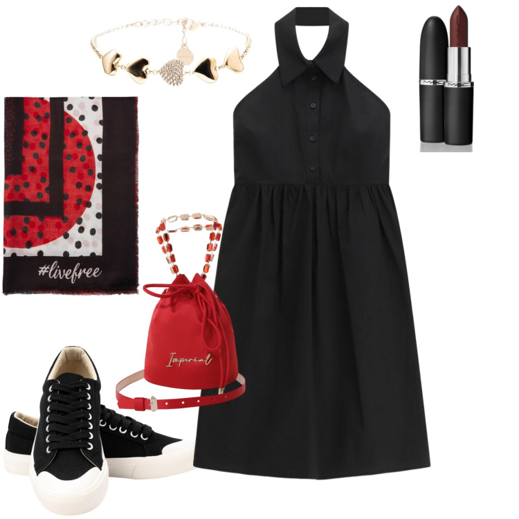Outfit donna - Total look #2216218. Stile Casual per Tutti i giorni. Abbinamento con rossetti, vestiti midi/longuette, borse a secchiello, braccialetti, sneakers, foulard.