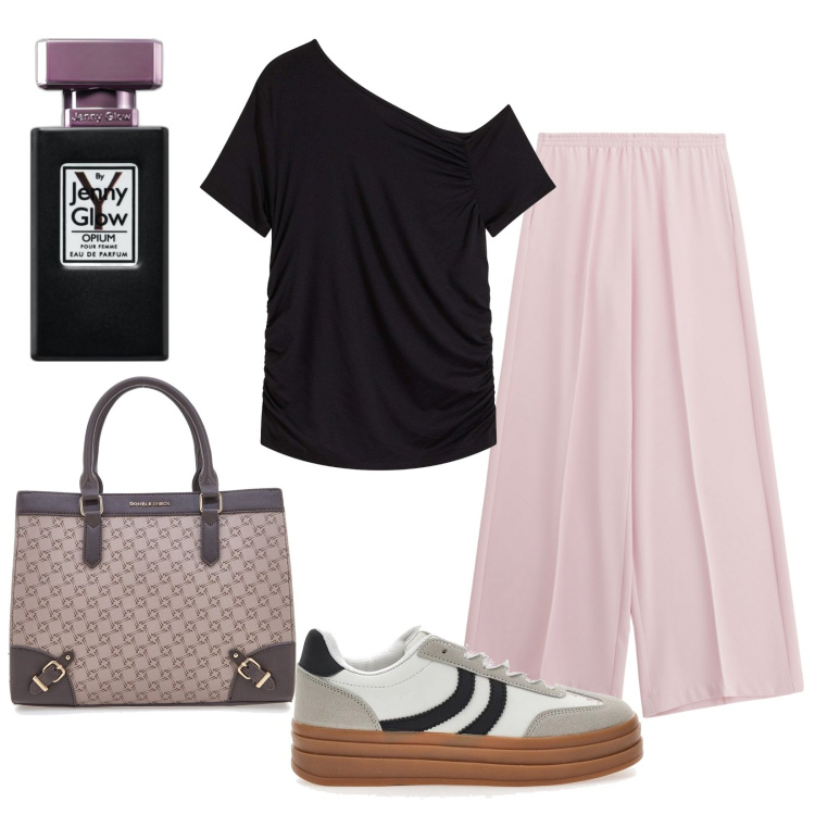 Outfit donna - Lavoro & ufficio. Stile Casual per Ufficio. Abbinamento con bluse, profumi, pantaloni, sneakers, borse a tracolla.