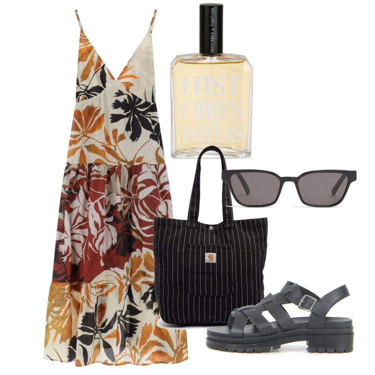 Outfit donna - Agosto. Stile Boho per Tutti i giorni. Abbinamento con profumi, vestiti lunghi, borse tote, sandali, occhiali da sole.