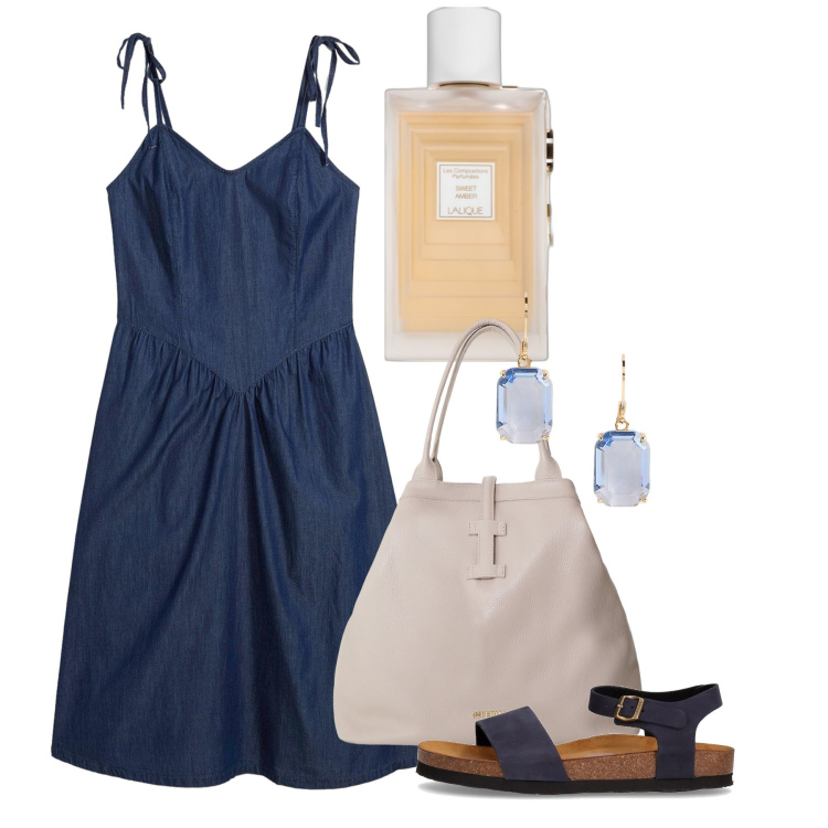 Outfit donna - Blu e leggero. Stile Bon Ton per Tutti i giorni. Abbinamento con vestiti, profumi, borse tote, orecchini, sandali.