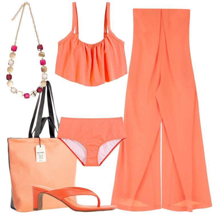 Outfit donna - Arancione caldo. Stile Casual chic per Mare. Abbinamento con bikini, infradito, borse tote, tute, collane.
