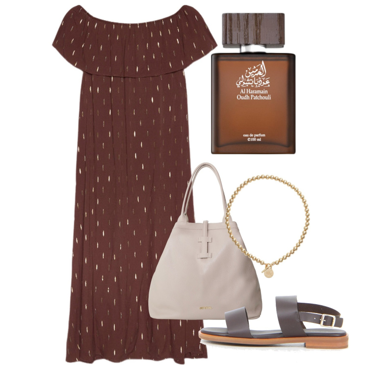 Outfit donna - Cacao romantico. Stile Romantica per Serata fuori. Abbinamento con profumi, borse tote, collane, vestiti lunghi, sandali.