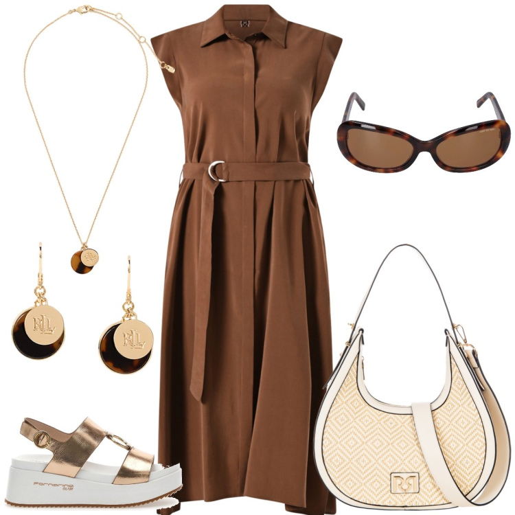 Outfit donna - Shopping. Stile Casual chic per Tutti i giorni. Abbinamento con borse a mano, vestiti chemisier, orecchini, collane, sandali, occhiali da sole.