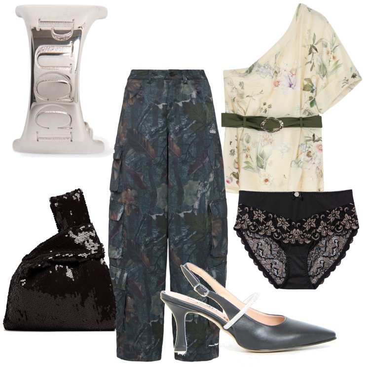Outfit donna - Ristorante mono spalla. Stile Trendy per Serata fuori. Abbinamento con culotte, top, orecchini, pochette, décolleté, pantaloni cargo.