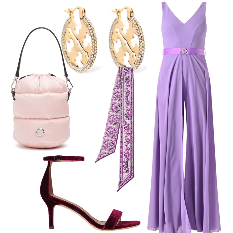 Outfit donna - Tuta a teatro. Stile Glamour per Serata fuori. Abbinamento con tute, sandali in pelle, orecchini, foulard, borse a secchiello.