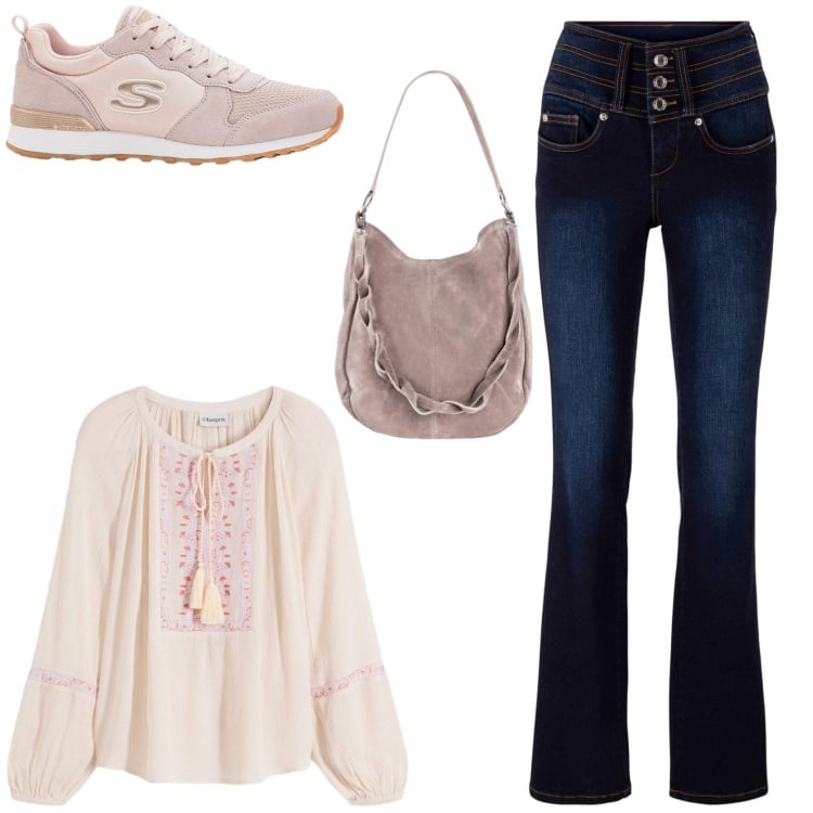 Outfit donna - Un pomeriggio tra amiche. Stile 70s per Scuola/Università. Abbinamento con jeans bootcut, sneakers, borse a mano, bluse.