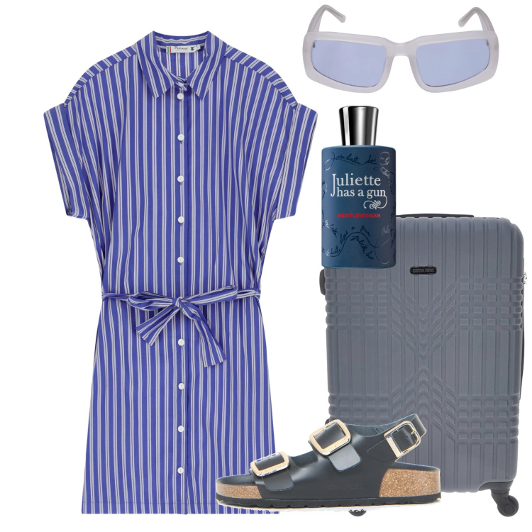 Outfit donna - Si parte comoda. Stile Bon Ton per Tutti i giorni. Abbinamento con profumi, vestiti corti, sandali, valigie, occhiali da sole.