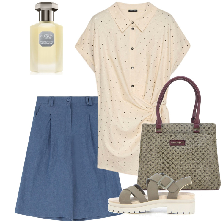 Outfit donna - Bon ton da città. Stile Bon Ton per Tutti i giorni. Abbinamento con profumi, bermuda, camicie a manica corta, borse a spalla, sandali.