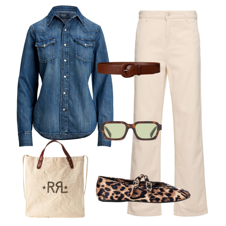 Outfit donna - Denim + Maculato combo perfetta!. Stile Casual per Tutti i giorni. Abbinamento con ballerine, camicie, cinture, borse tote, jeans dritti, occhiali da sole.