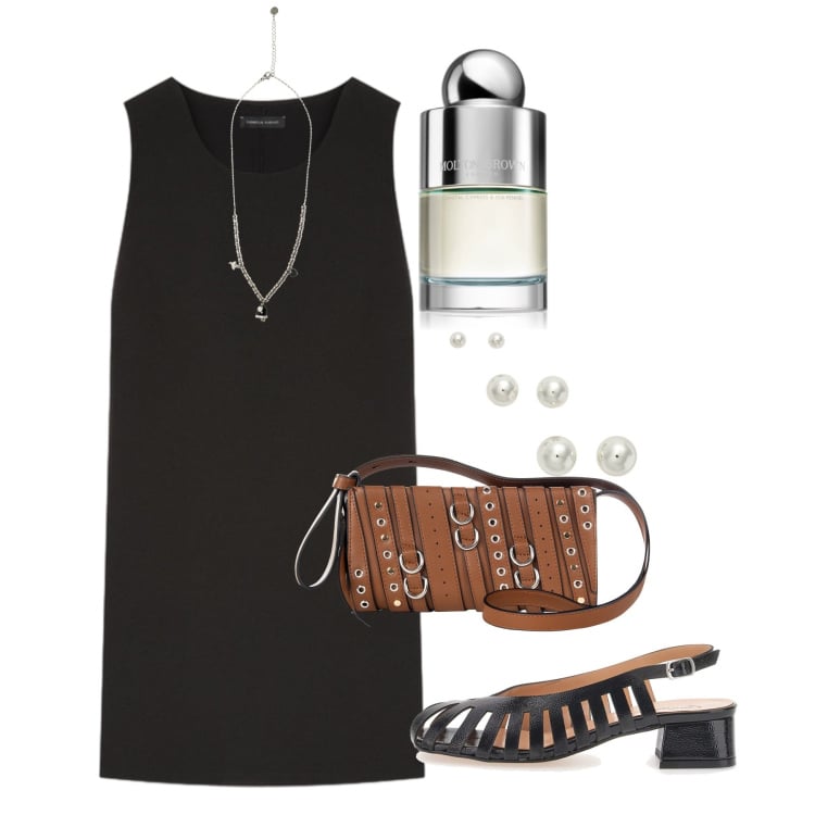 Outfit donna - Il tubino iconico. Stile Chic per Tutti i giorni. Abbinamento con profumi, borse a spalla, ciondoli, orecchini, vestiti corti, décolleté.