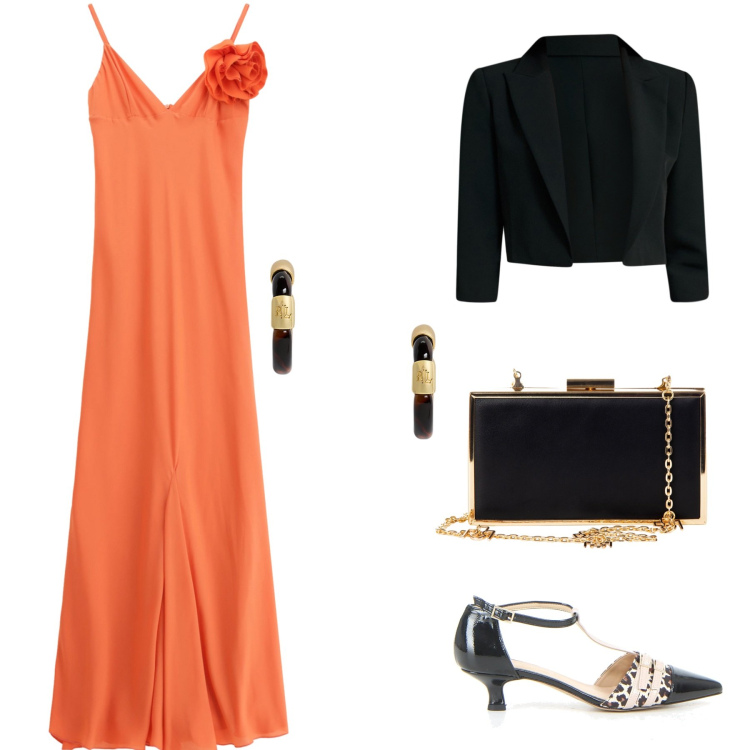 Outfit donna - Arancione: un colore mille emozioni. Stile Glamour per Serata fuori. Abbinamento con pochette, bolero, vestiti lunghi, orecchini, sandali col tacco.