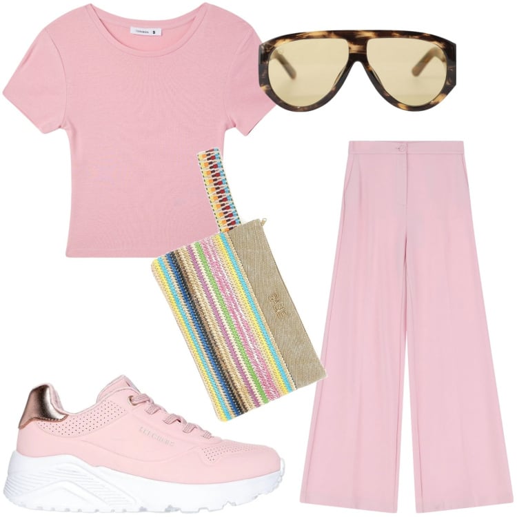 Outfit donna - Emozioni rosa. Stile Glamour per Tutti i giorni. Abbinamento con t-shirt, pantaloni, occhiali da sole, sneakers, pochette.