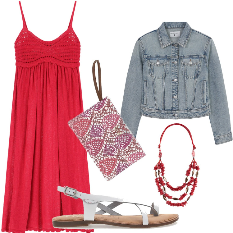 Outfit donna - Tempo libero. Stile Glamour per Serata fuori. Abbinamento con blazer, vestiti, pochette, sandali, collane.