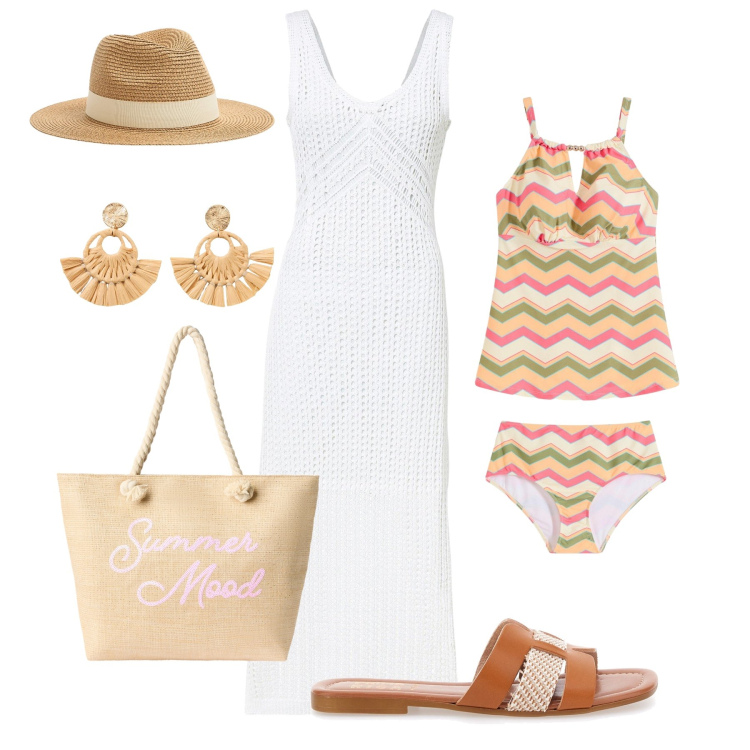 Outfit donna - Spiaggia e aperitivo. Stile Trendy per Mare. Abbinamento con vestiti, orecchini, costumi interi, cappelli, borse tote, ciabatte.