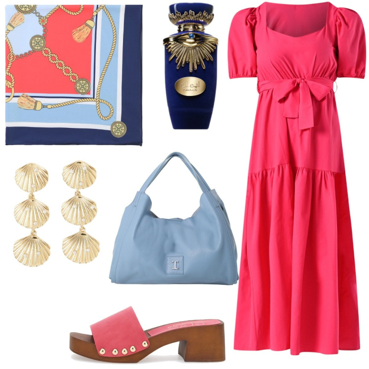 Outfit donna - Regina dell\'estate. Stile Casual per Tutti i giorni. Abbinamento con profumi, orecchini, vestiti lunghi, foulard, pochette, zoccoli.