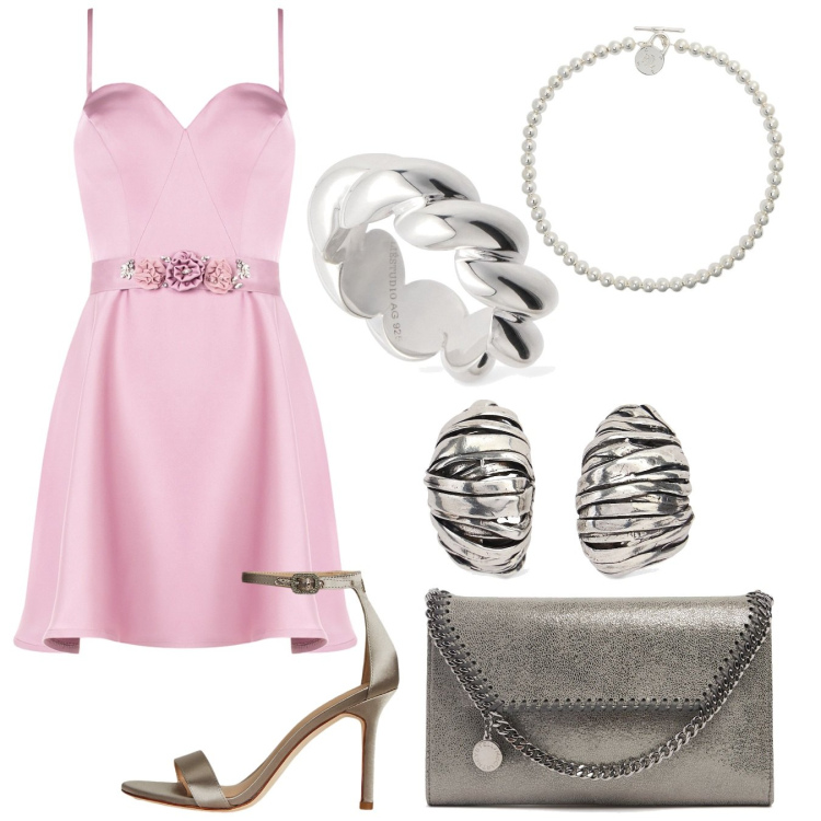 Outfit donna - Io & Matthias. Stile Romantica per Cerimonia. Abbinamento con vestiti corti, collane, sandali col tacco, orecchini, anelli, pochette.