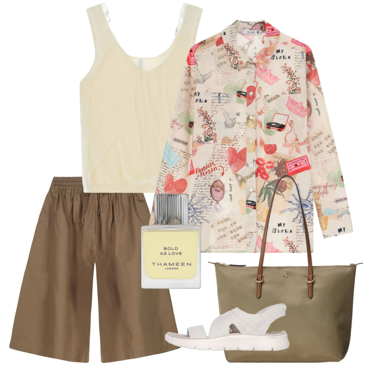 Outfit donna - In centro con il fresco. Stile Basic per Tutti i giorni. Abbinamento con profumi, camicie, top, borse tote, sandali, bermuda.
