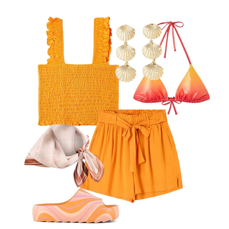 Outfit donna - Estate di stampe, arancione, Pucci. Stile Casual chic per Mare. Abbinamento con shorts, top, bikini, orecchini, foulard, ciabatte.