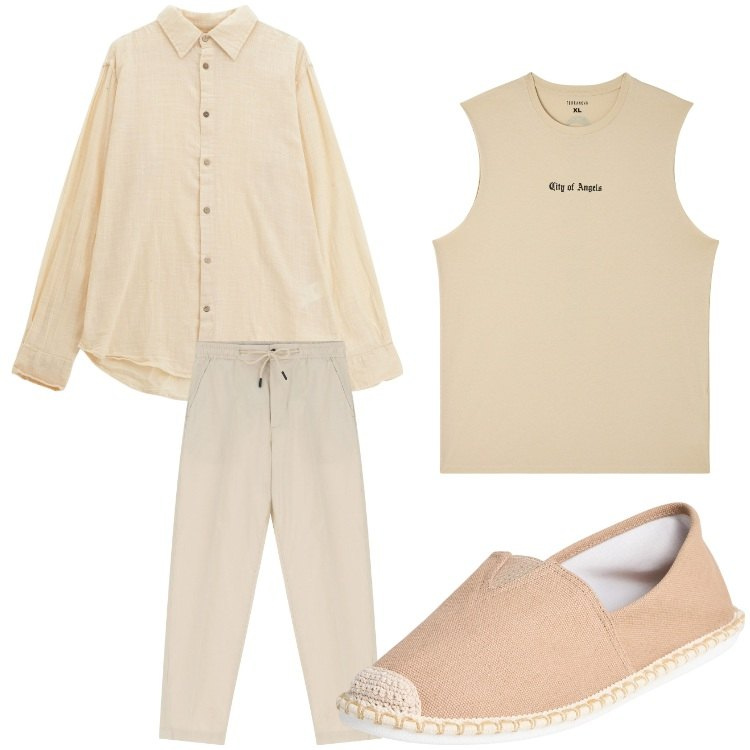 Outfit uomo - Estate beige. Stile Casual per Tutti i giorni. Abbinamento con canottiere, espadrillas, pantaloni chino, camicie.