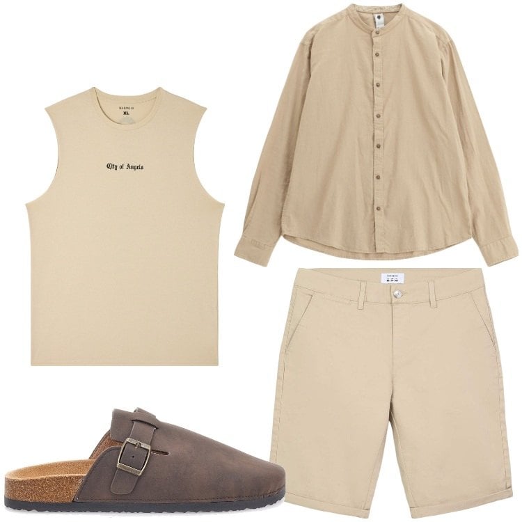 Outfit uomo - Lino e beige. Stile Casual per Tutti i giorni. Abbinamento con canottiere, bermuda, camicie, sandali.
