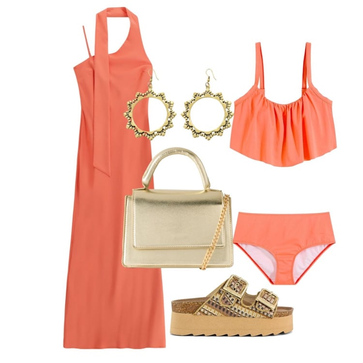 Outfit donna - Caliente di sera oro antico. Stile 70s per Serata fuori. Abbinamento con bikini, borse a tracolla, vestiti lunghi, orecchini, sandali.