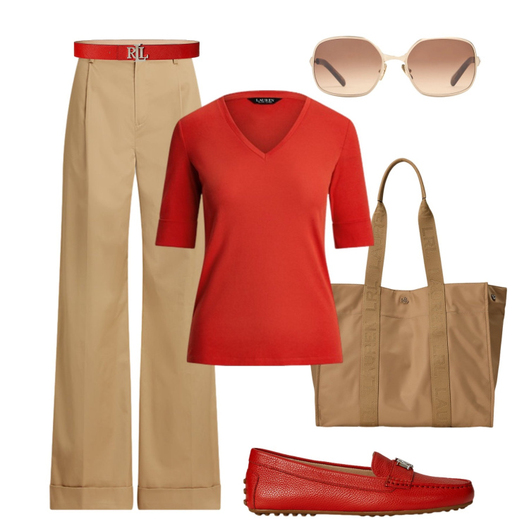 Outfit donna - Rosso e cammello. Stile Bon Ton per Ufficio. Abbinamento con mocassini, pantaloni, t-shirt, borse tote, cinture, occhiali da sole.
