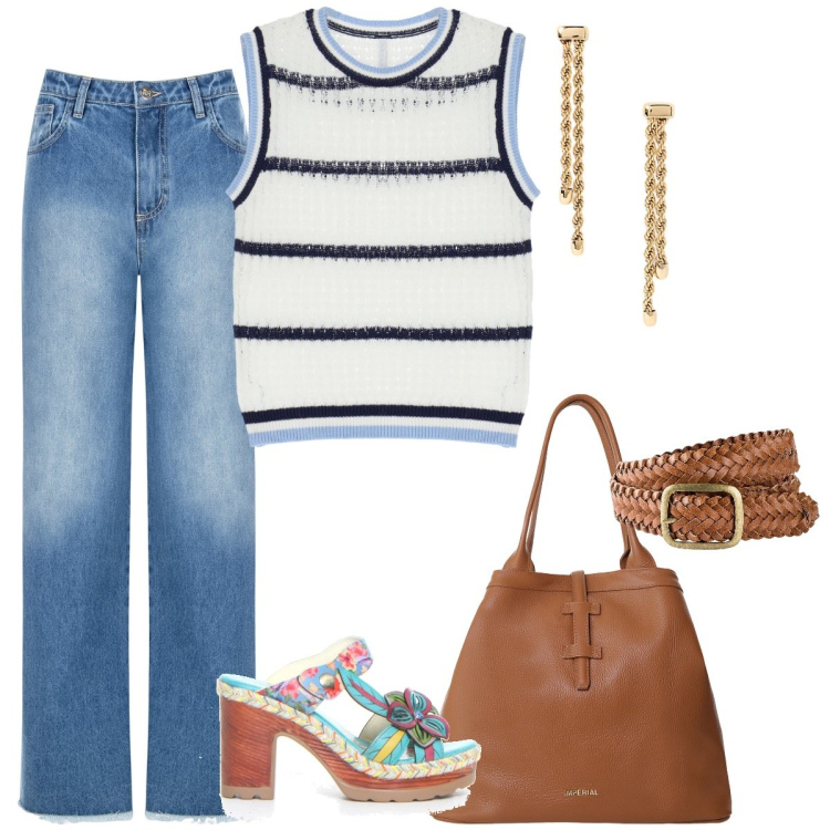 Outfit donna - In citta. Stile Casual per Tutti i giorni. Abbinamento con cinture, jeans dritti, borse tote, top, orecchini, ciabatte.