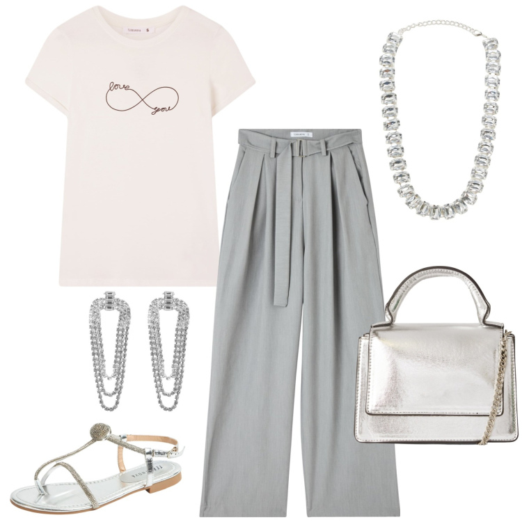 Outfit donna - Terranova - vacanze in riviera. Stile Casual chic per Serata fuori. Abbinamento con pantaloni, t-shirt, orecchini, borse a tracolla, collane, ciabatte.