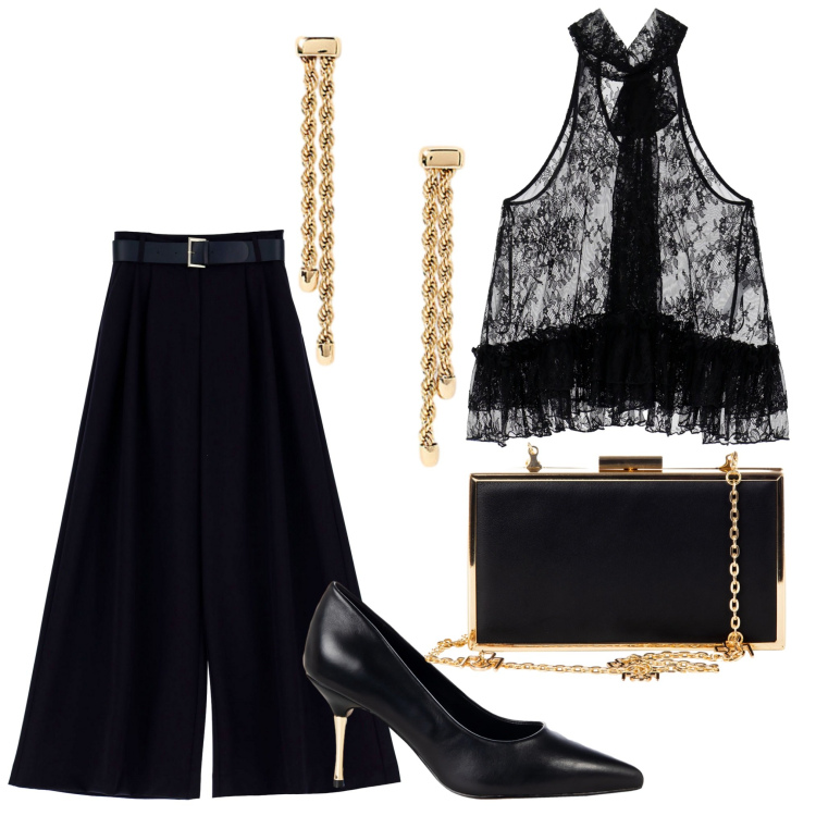 Outfit donna - Qualcosa in oro. Stile Glamour per Serata fuori. Abbinamento con pochette, décolleté, top, pantaloni a palazzo, orecchini.