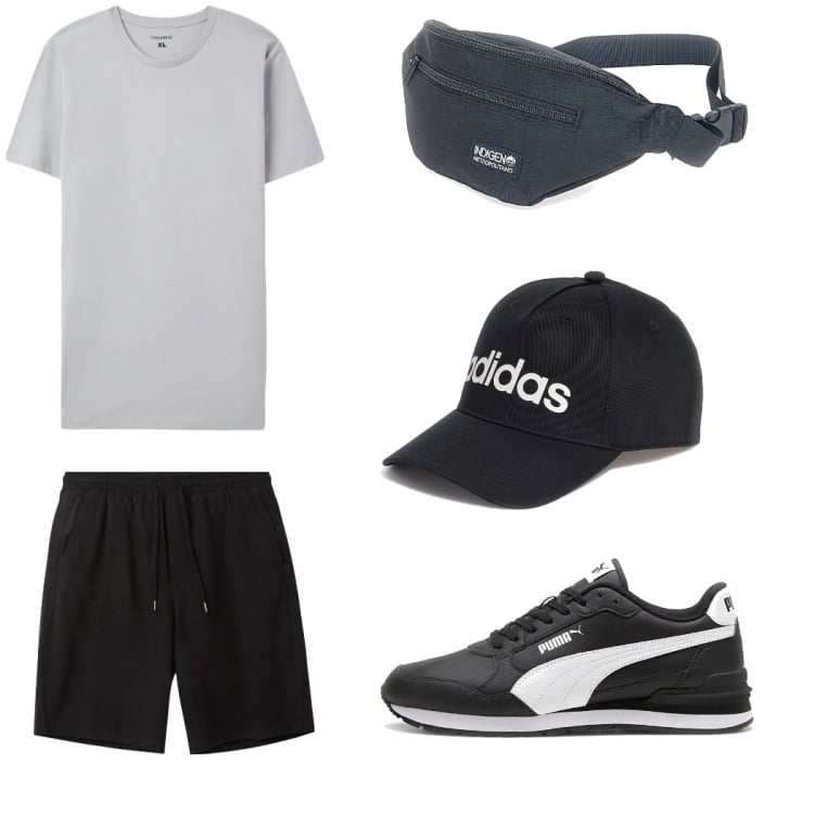 Outfit uomo - Total look #2216279. Stile Urban per Tutti i giorni. Abbinamento con t-shirt, pantaloni corti, cappelli, sneakers, borse sportive.