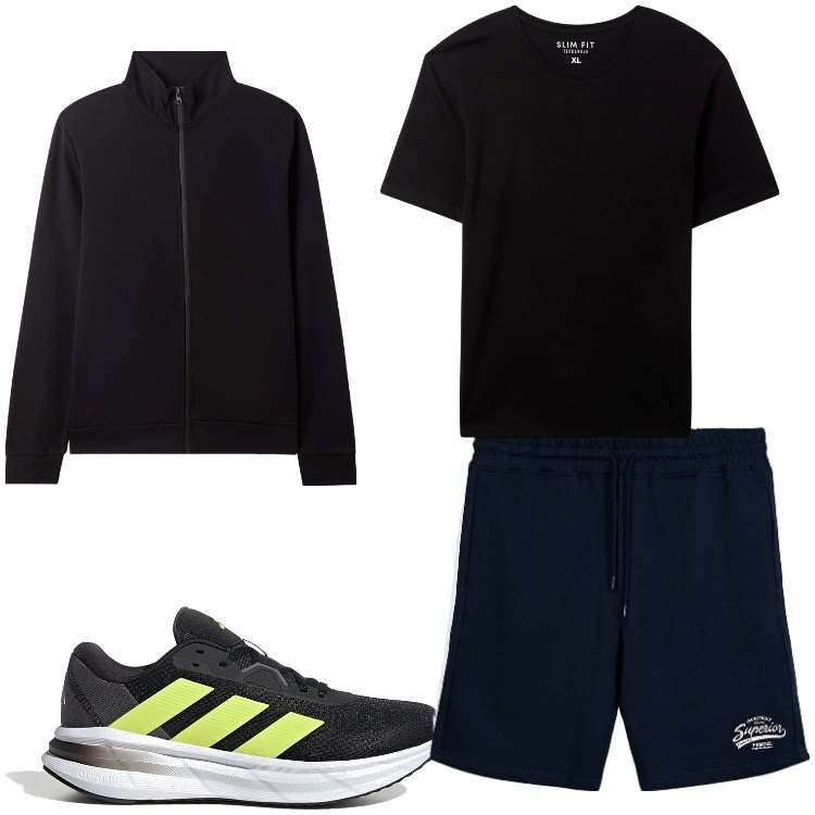 Outfit uomo - Running. Stile Casual per Tutti i giorni. Abbinamento con felpe sportive, pantaloncini sportivi, t-shirt sportive, scarpe sportive.